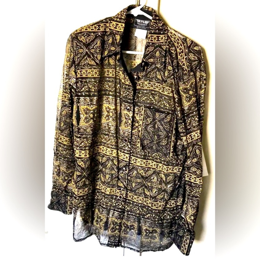 PG COLLECTIONS Ginger BORT Black & Gold sequin Fancy Cocktail Blouse New Size S